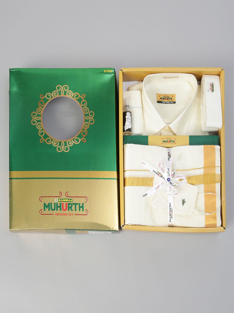 Mens Silk Cream Wedding Set 1 1/2" Dhoti+Towel+Shirt Subha Vaibhavaa