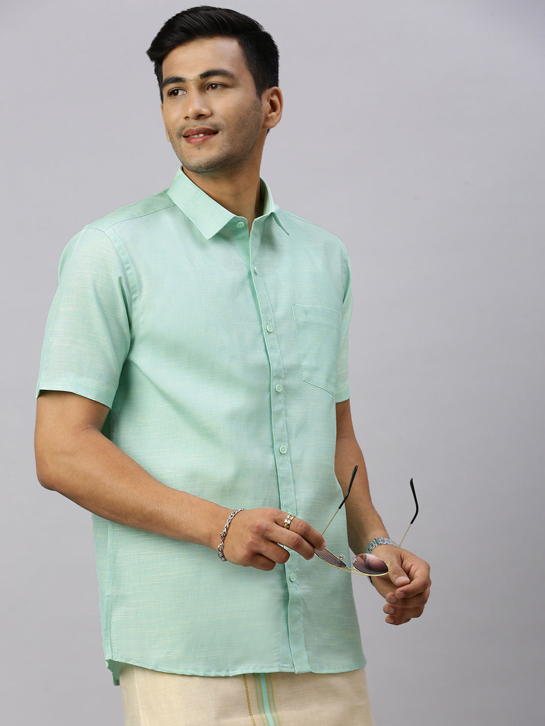 Mens Macho Mint Green Colour Shirt & Matching Border Tissue Dhoti Set CCB