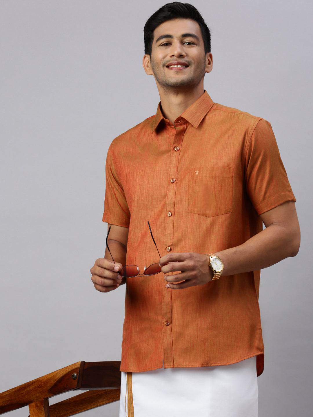 Mens Brown Matching Border Dhoti & Half Sleeves Shirt Set CV3