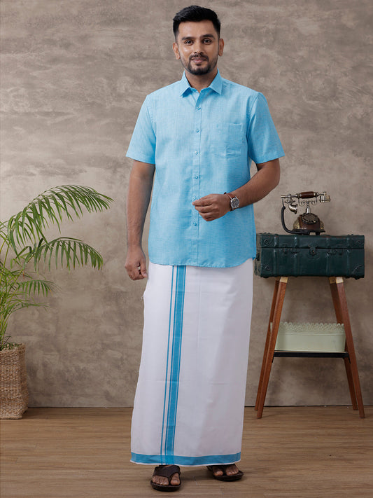 Mens Matching Border Dhoti & Half Sleeves Shirt Blue C11