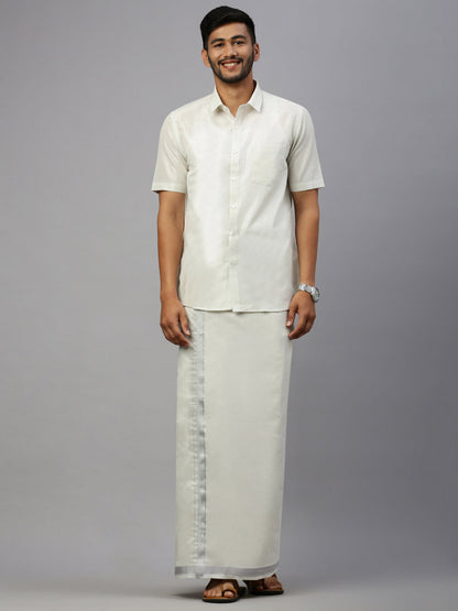 Mens Silver Tissue Half Sleeve Shirt with Matching Readymade Single Dhoti Combo