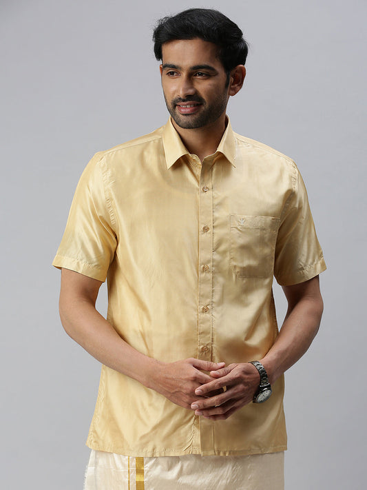 Mens Pure Silk Half Sleeves Shirt Dark Cream