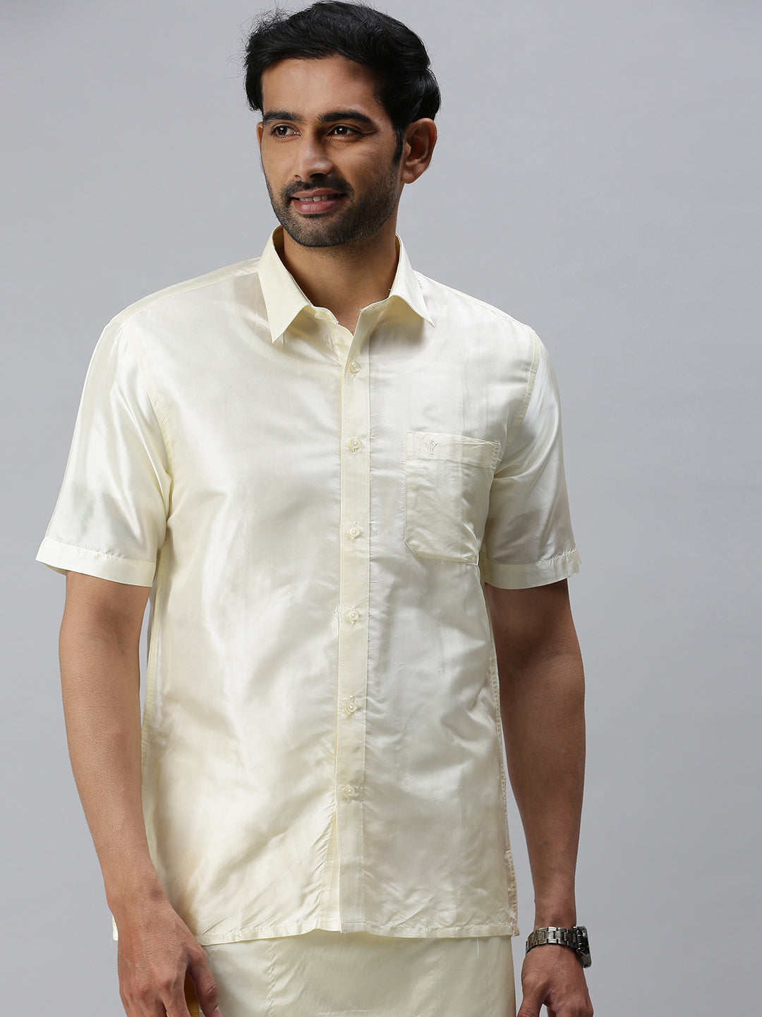 Mens Pure Silk Cream Shirt Half Sleeves with Readymade Dhoti Combo