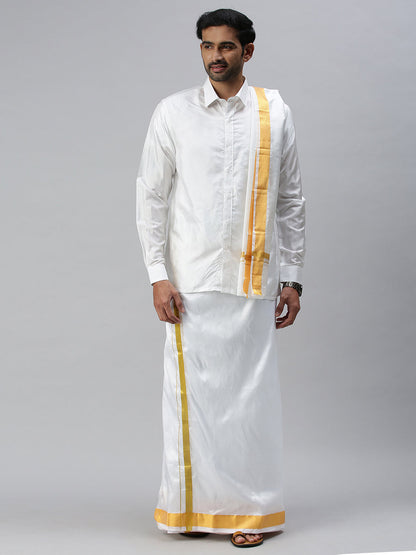 Mens Silk White Wedding Set 1 1/2" Dhoti+Towel+Shirt Subha Vaibhavaa