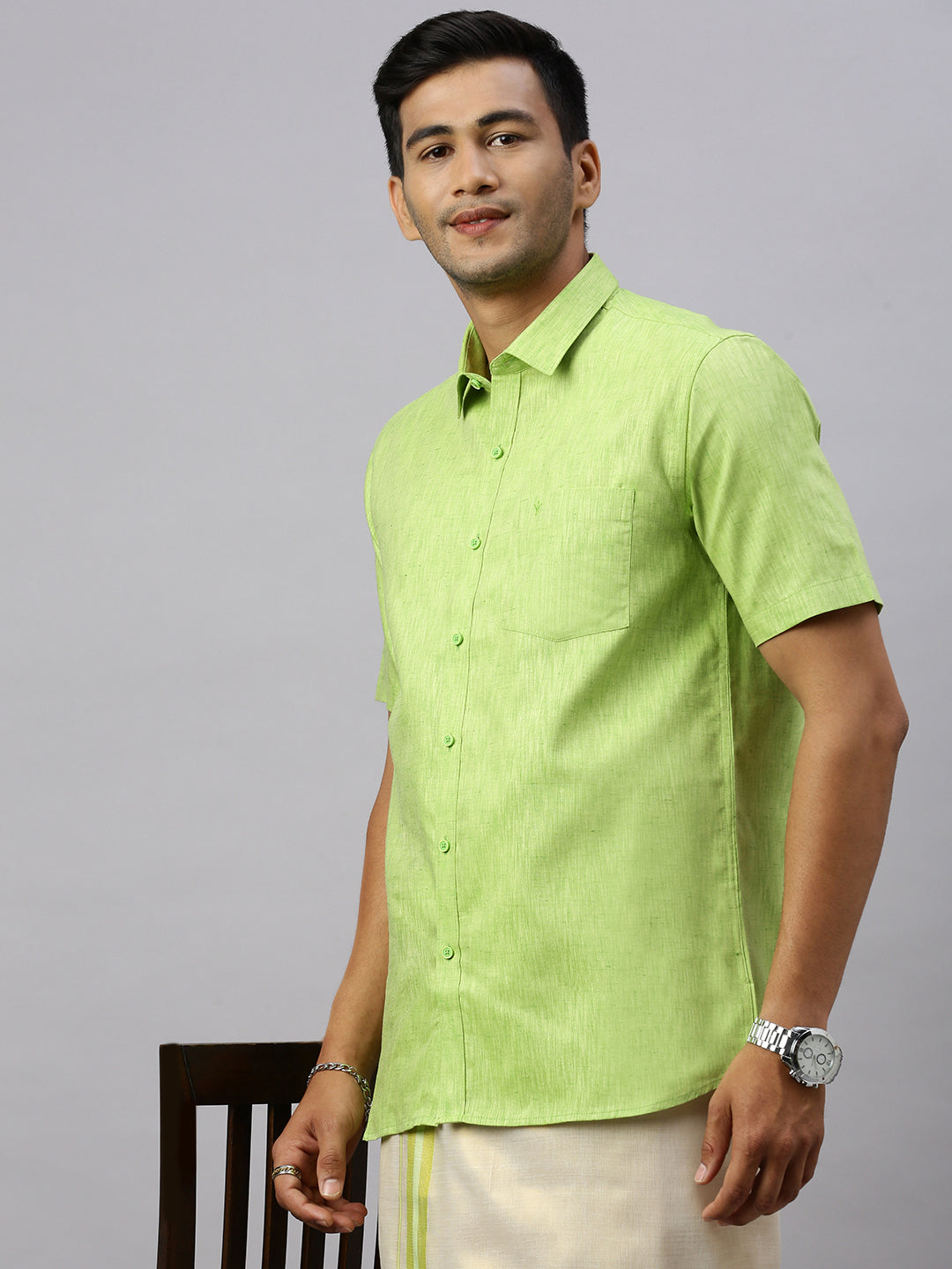 Mens Macho Lite Green  Colour Shirt & Matching Border Tissue Dhoti Set CCB