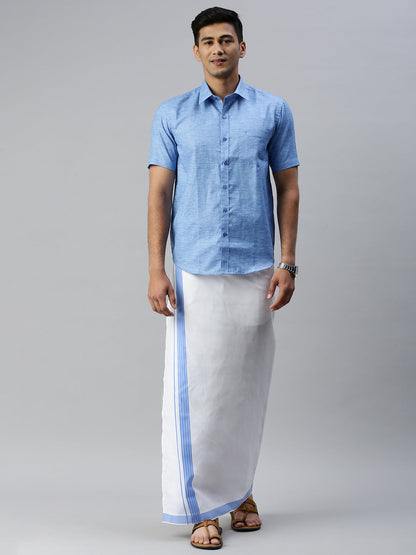 Mens Matching Border Adjustable Dhoti & Half Sleeves Shirt Set Blue CC9