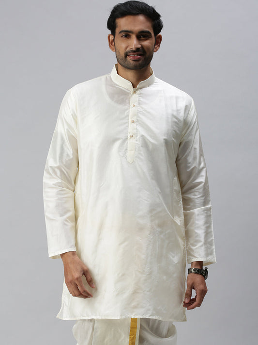 Mens Pure Silk Medium Length Cream Kurta