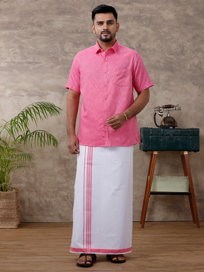 Mens Matching Border Dhoti & Shirt Set Half Pink C34