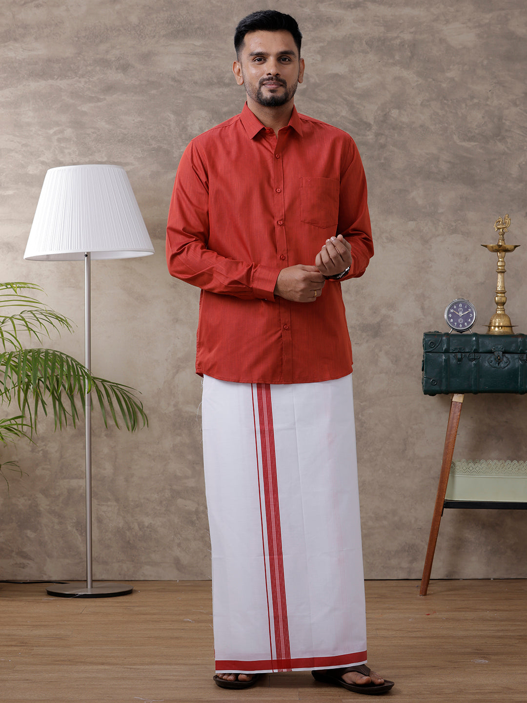 Mens Red Matching Border Dhoti & Full Sleeves Shirt Set Evolution IC5