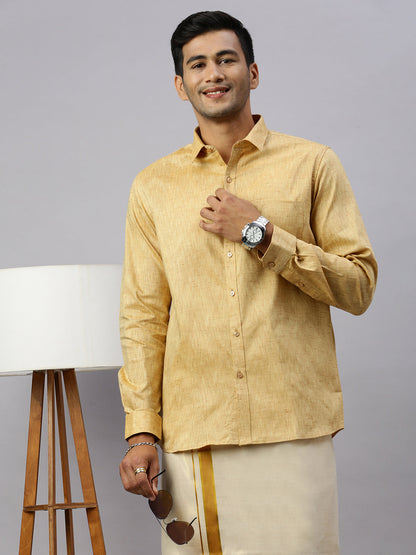 Mens Macho Mustard Colour Shirt & Matching Border Tissue Dhoti Set CCB