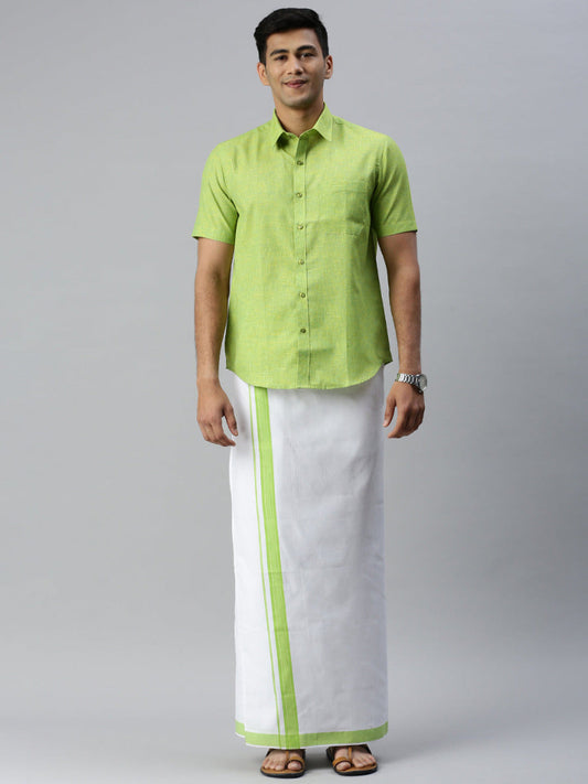 Mens Matching Border Adjustable Dhoti & Half Sleeves Shirt Set Green CC4