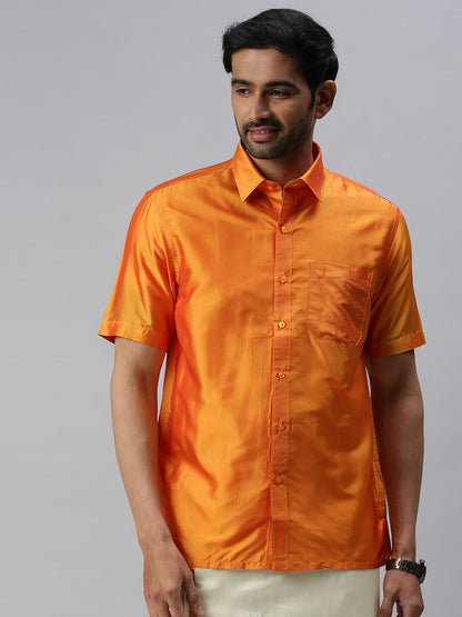 Mens Silk Golden Orange Half Sleeves Shirt