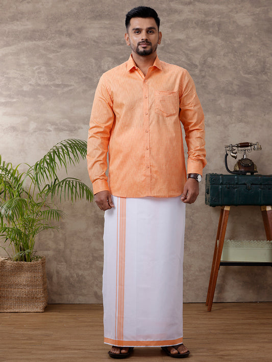 Mens Matching Border Dhoti & Shirt Set Full Orange C2