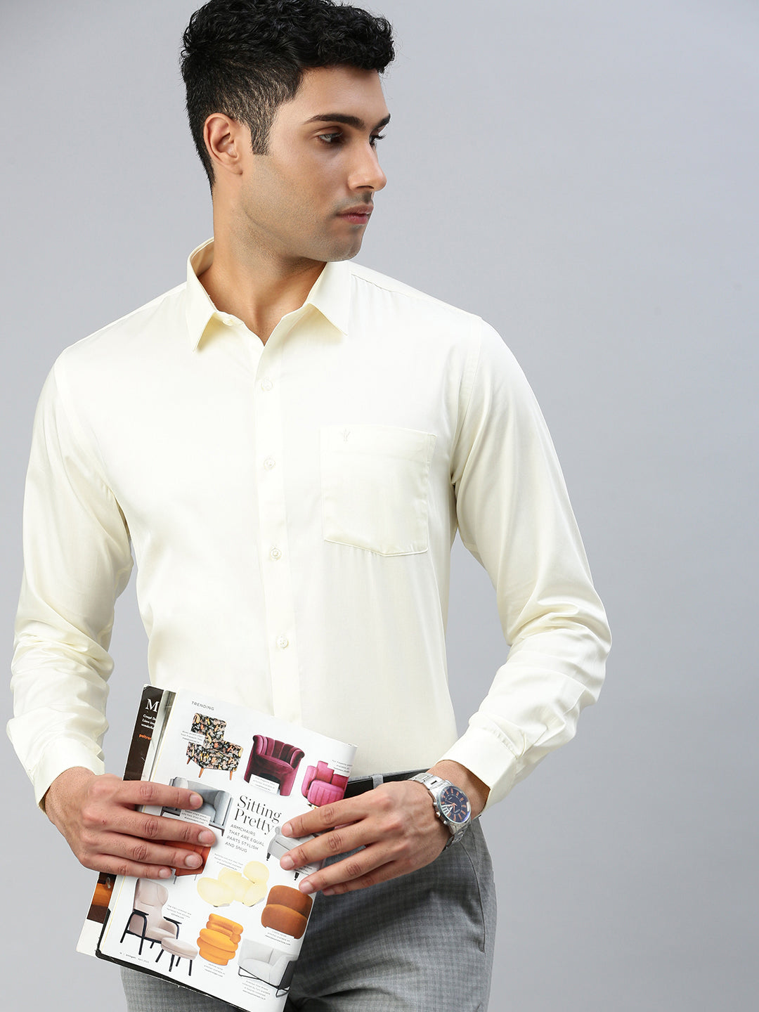 Mens 100% Cotton Cream Shirt  Royal Gold NI