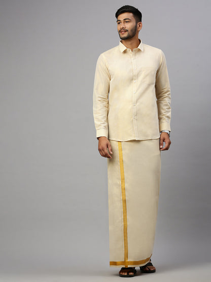 Mens Gold Tissue Full Sleeve Shirt with Matching Readymade Single Dhoti Combo