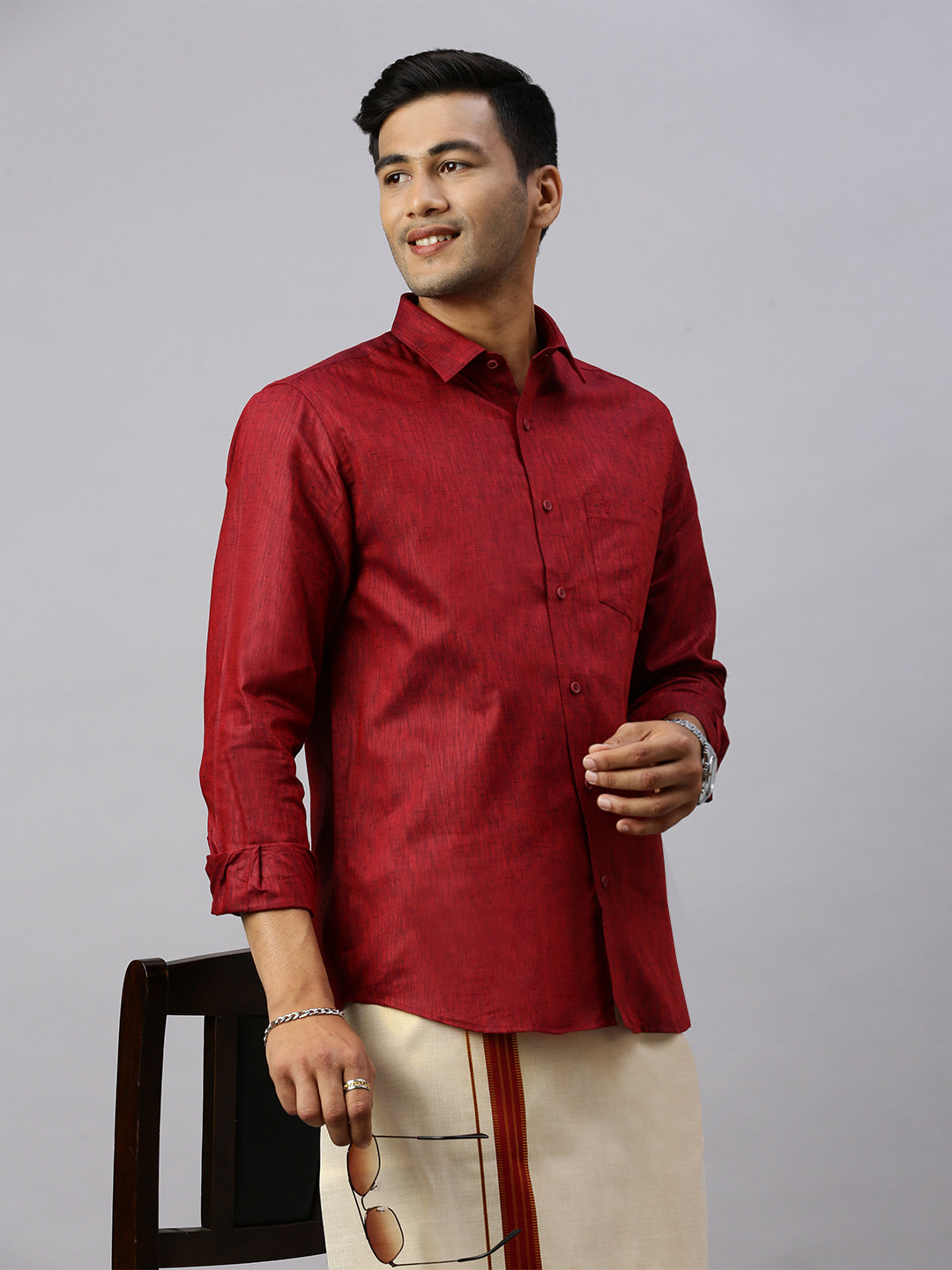 Mens Macho Marron Colour Shirt & Matching Border Tissue Dhoti  Set CCB