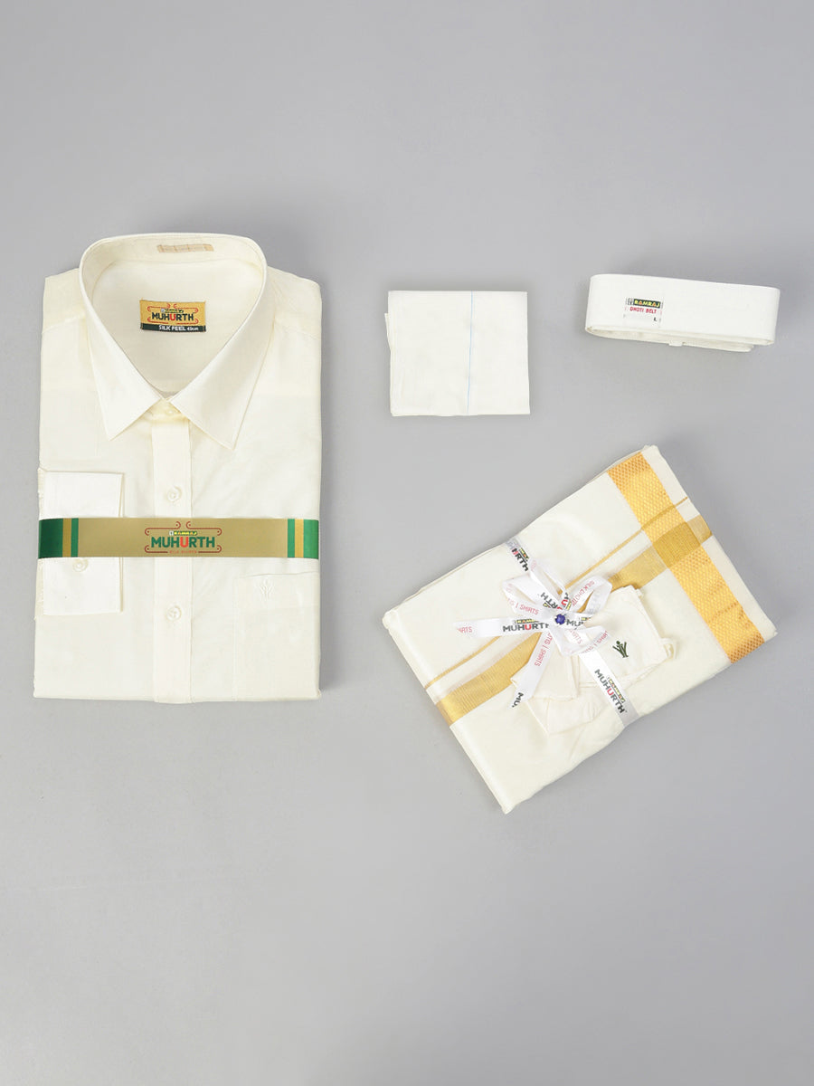 Mens Silk Cream Wedding Set 3/4" Dhoti+Towel+Shirt Subha Vaibhavaa