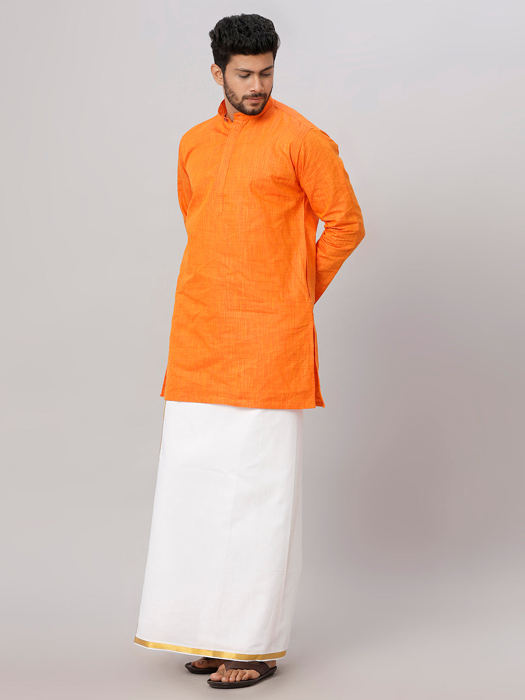 Like Father Like Son Orange Kurta and Gold Jari White Dhoti Combo FS3