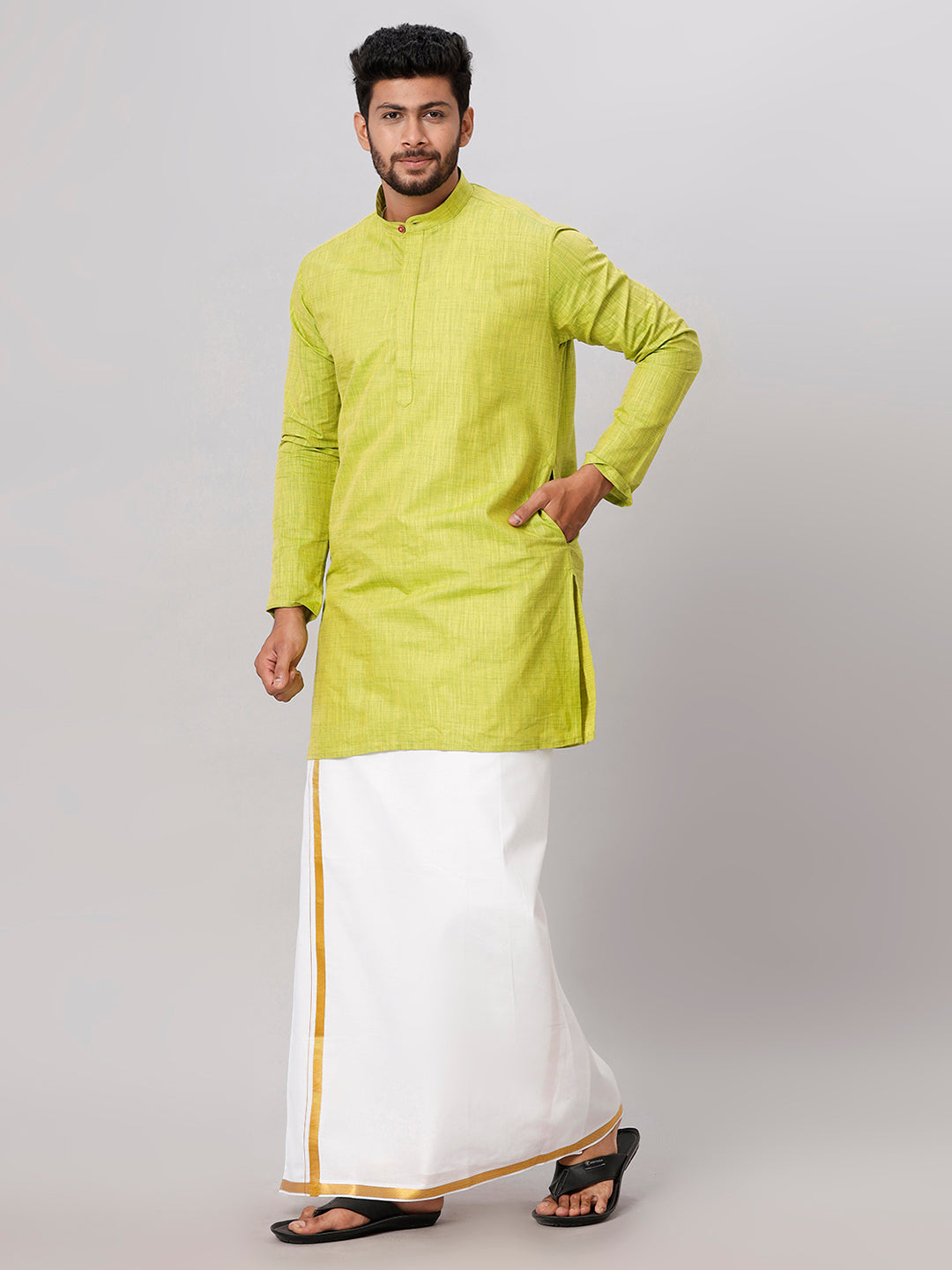 Like Father Like Son Parrot Green Kurta and Gold Jari White Dhoti Combo FS2