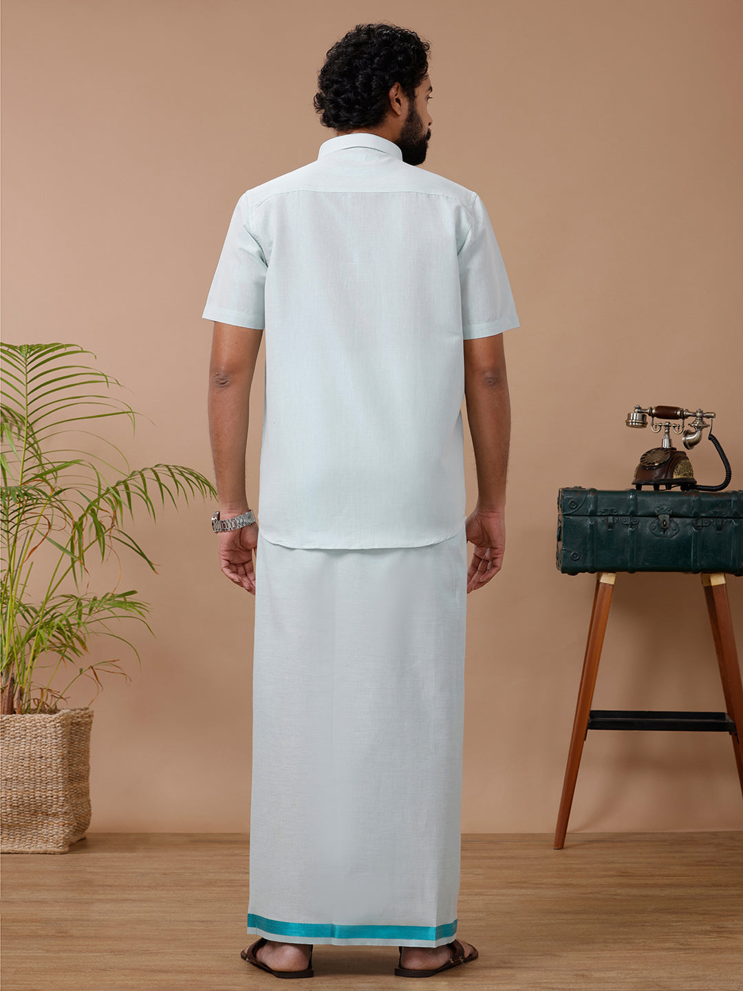 Mens Tissue Ramar Green Dhoti & Half Sleeves Shirt Set