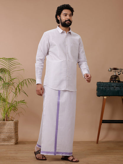 Mens Tissue Lavender Dhoti & Full Sleeves Shirt Set