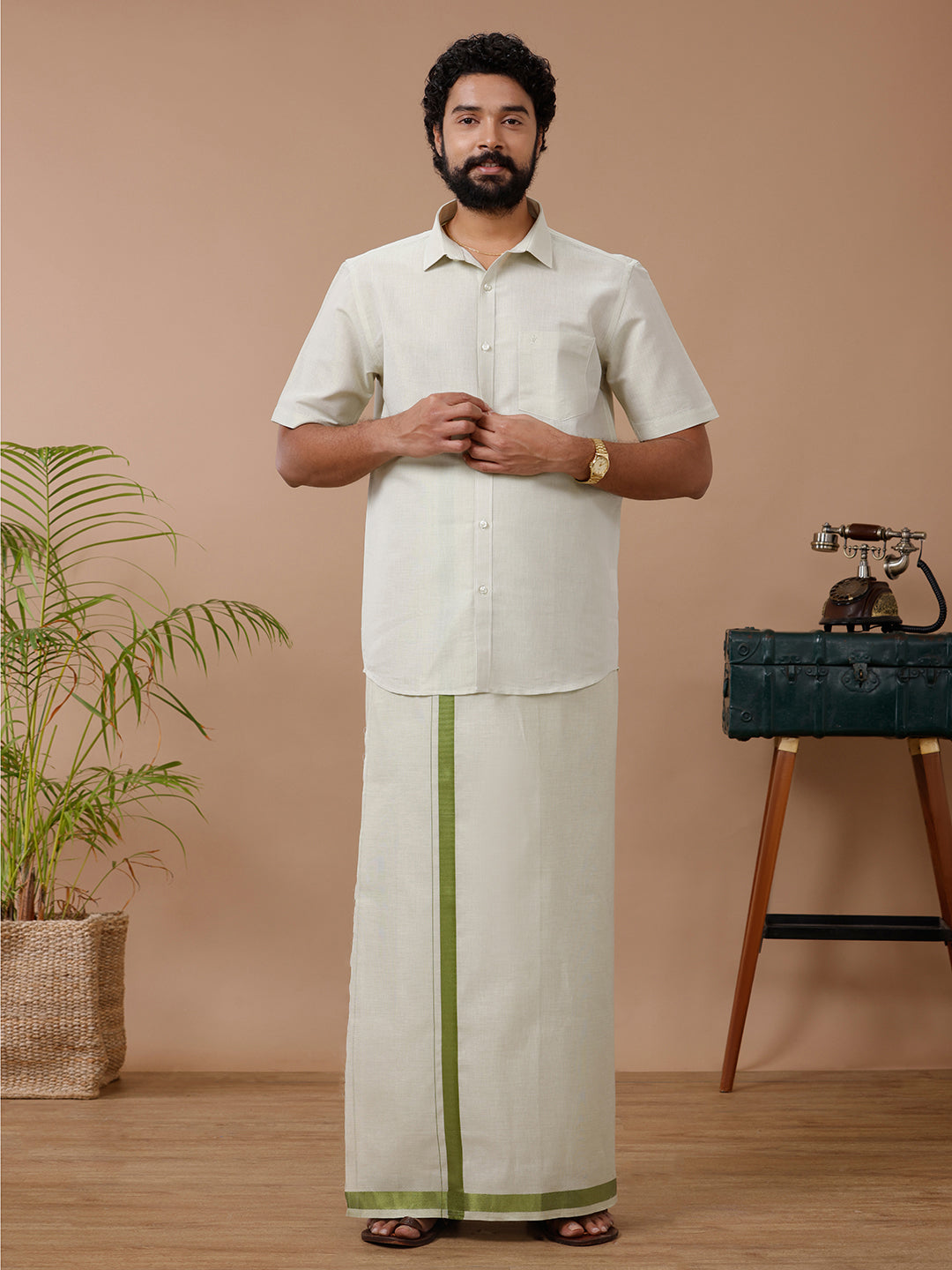 Mens Tissue Moss Green Dhoti & Half Sleeves Shirt Set