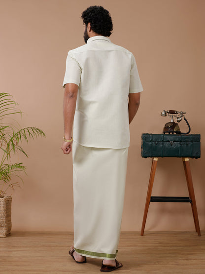 Mens Tissue Moss Green Dhoti & Half Sleeves Shirt Set