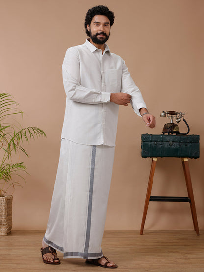 Mens Tissue Dhoti & Full Sleeves Shirt Set Steel Grey