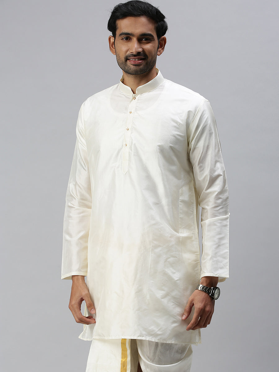 Mens Pure Silk Medium Length Cream Kurta