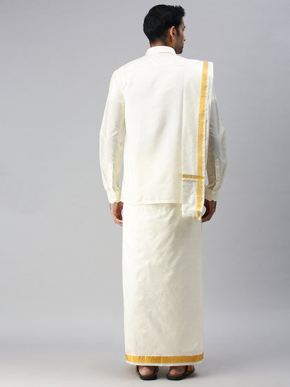 Mens Pure Silk Cream Wedding Set 3/4" Dhoti+Towel+Shirt Thirukalyan