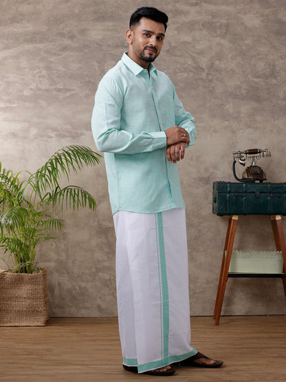 Mens Matching Border Dhoti & Shirt Set Full Light Pista Green C83