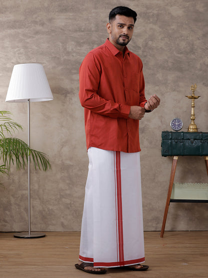 Mens Red Matching Border Dhoti & Full Sleeves Shirt Set Evolution IC5