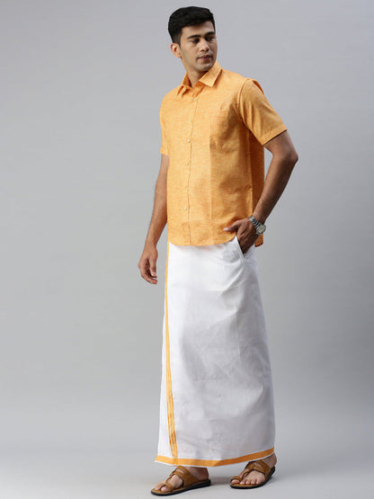 Mens Matching Border Adjustable Dhoti & Half Sleeves Shirt Set Orange CC2