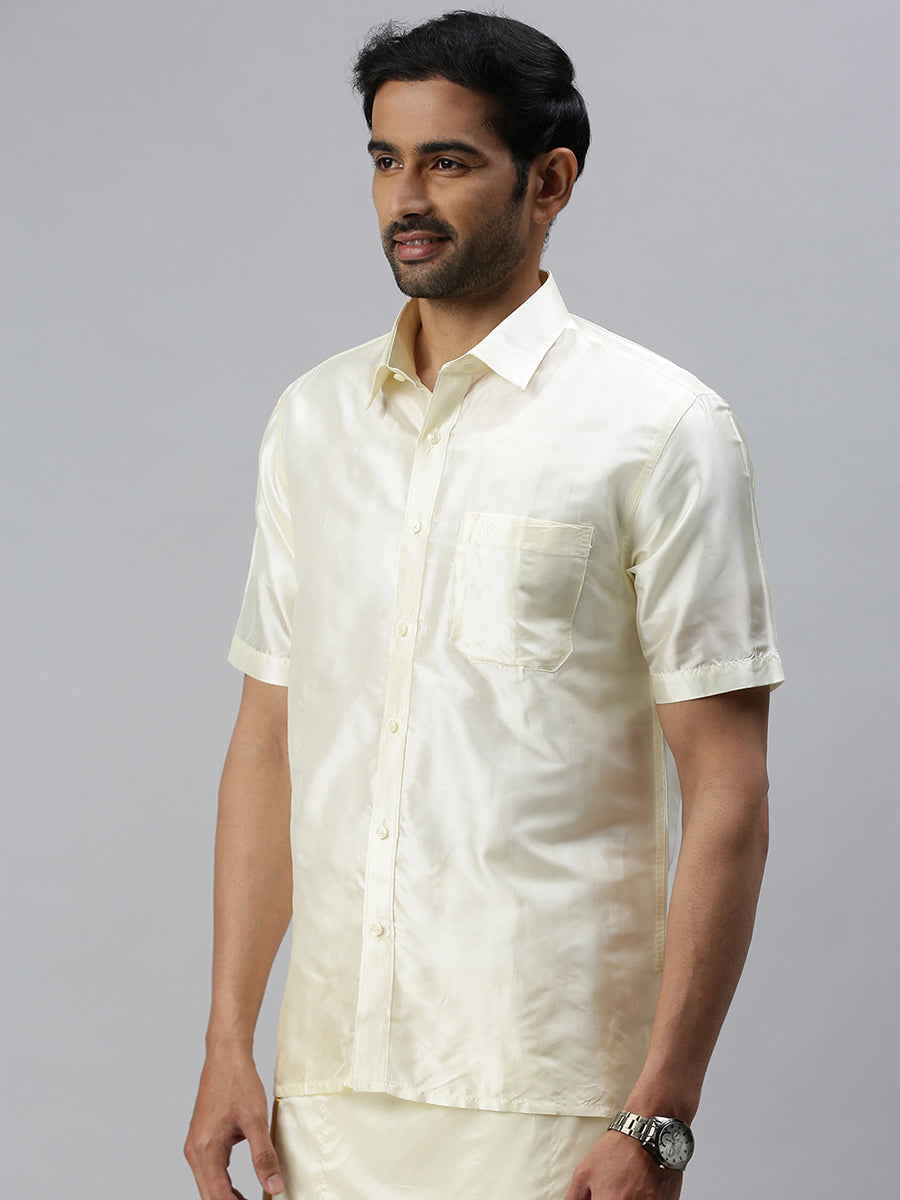 Mens Pure Silk Cream Shirt Half Sleeves Silk Mark