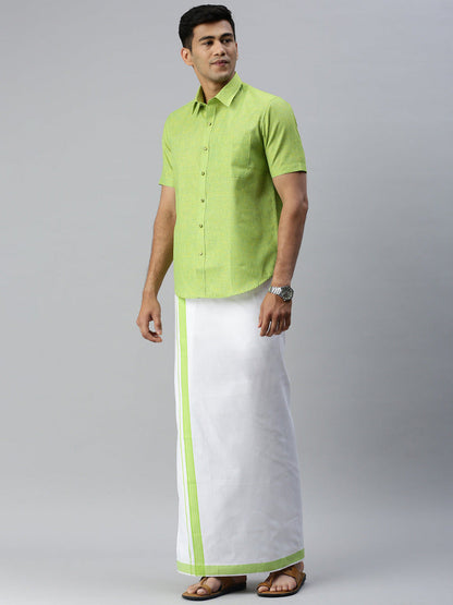 Mens Matching Border Adjustable Dhoti & Half Sleeves Shirt Set Green CC4