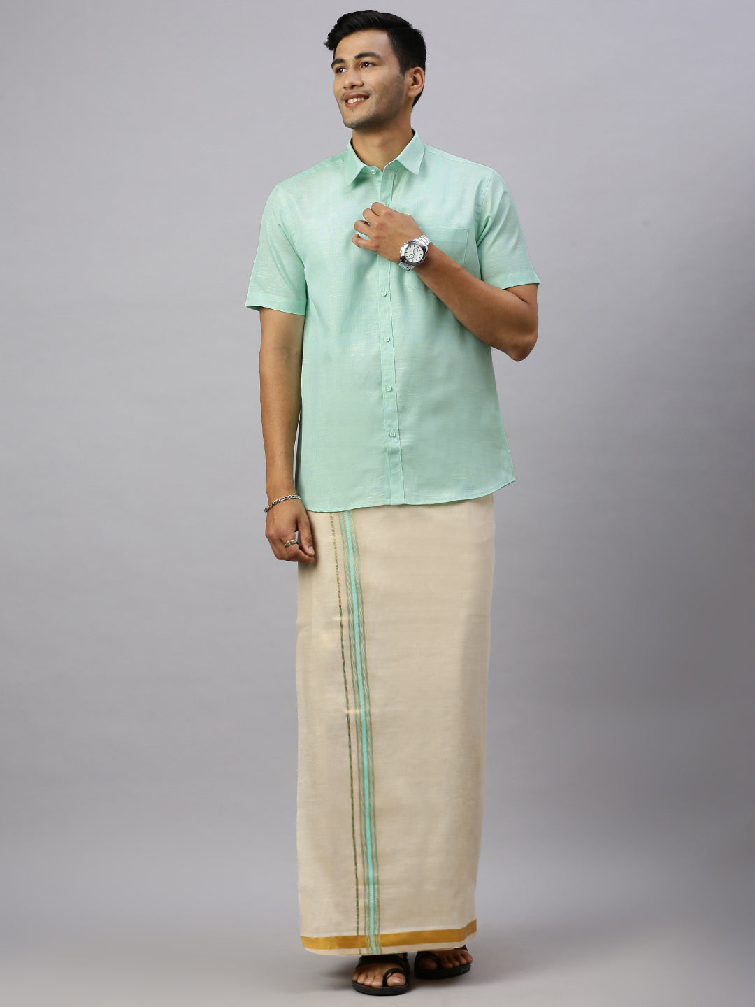 Mens Macho Mint Green Colour Shirt & Matching Border Tissue Dhoti Set CCB