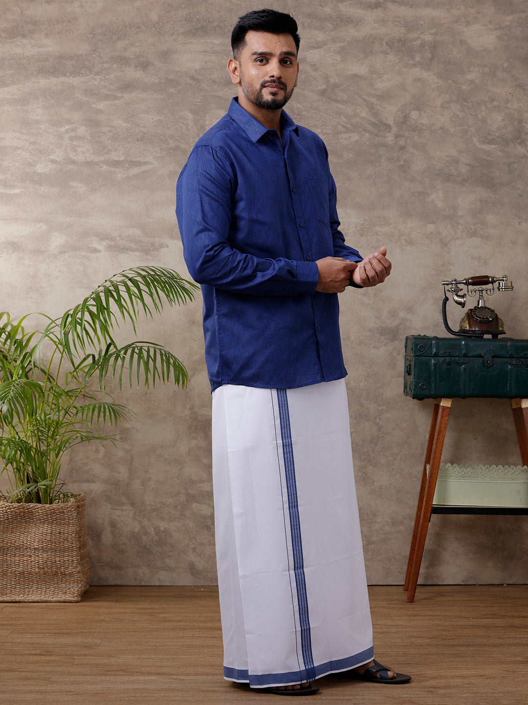 Mens Matching Border Dhoti Shirt Set Full Blue C80