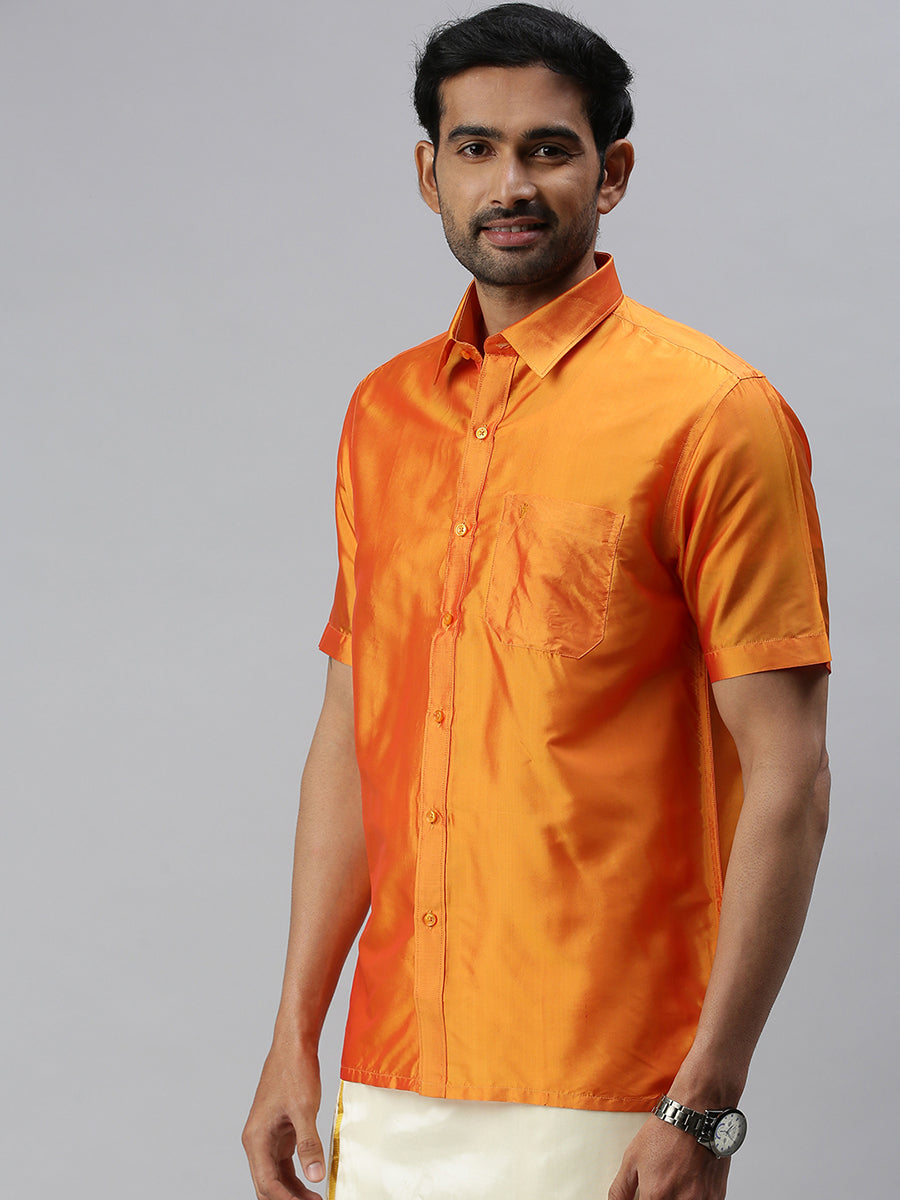 Mens Silk Golden Orange Half Sleeves Shirt