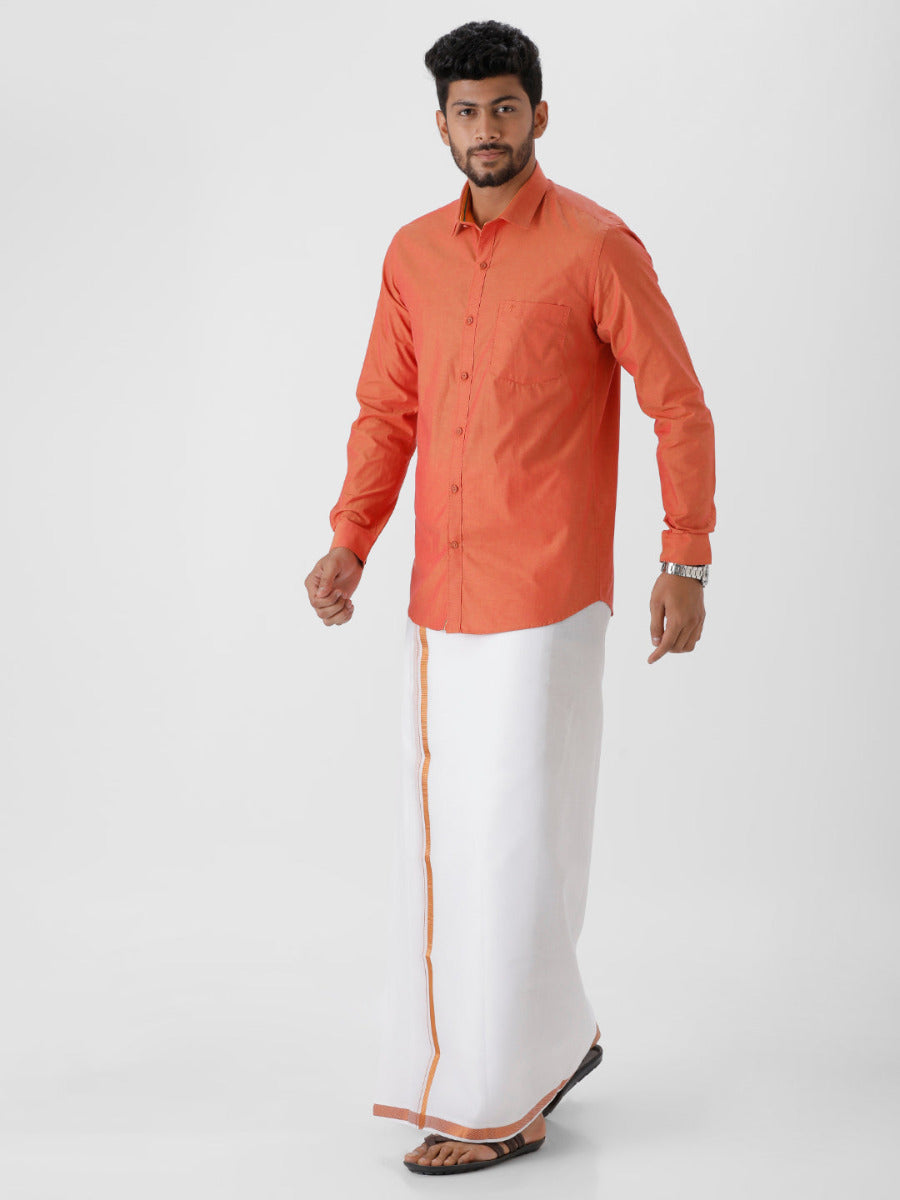 Mens Cotton Copper Colour Full Sleeves Shirt & Double Dhoti with Copper Jari Combo