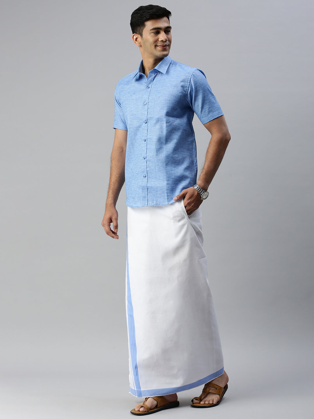 Mens Matching Border Adjustable Dhoti & Half Sleeves Shirt Set Blue CC9