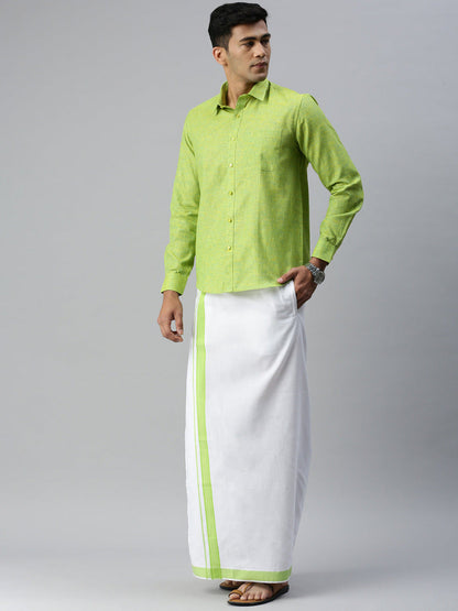 Mens Matching Border Adjustable Dhoti & Full Sleeves Shirt Set Green CC4