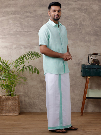 Mens Matching Border Dhoti & Shirt Set Half Light Pista Green C83