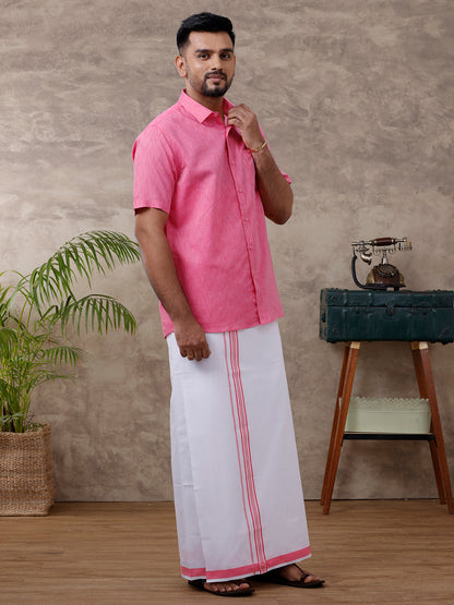 Mens Matching Border Dhoti & Shirt Set Half Pink C34