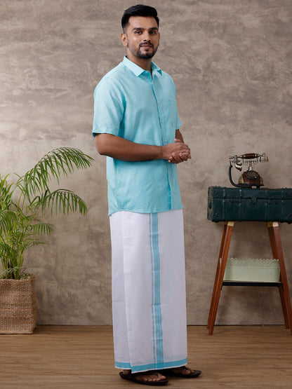 Mens Matching Border Dhoti & Shirt Set Half Blue C50