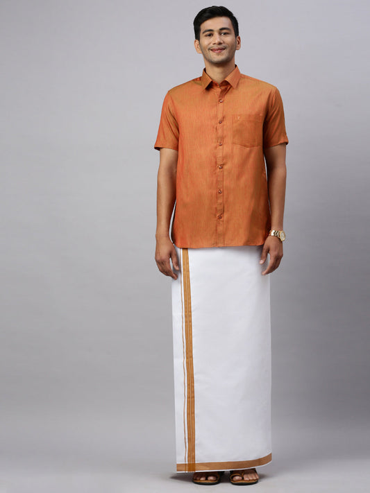 Mens Brown Matching Border Dhoti & Half Sleeves Shirt Set CV3