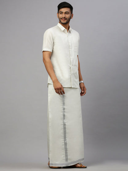 Mens Silver Tissue Half Sleeve Shirt with Matching Readymade Single Dhoti Combo