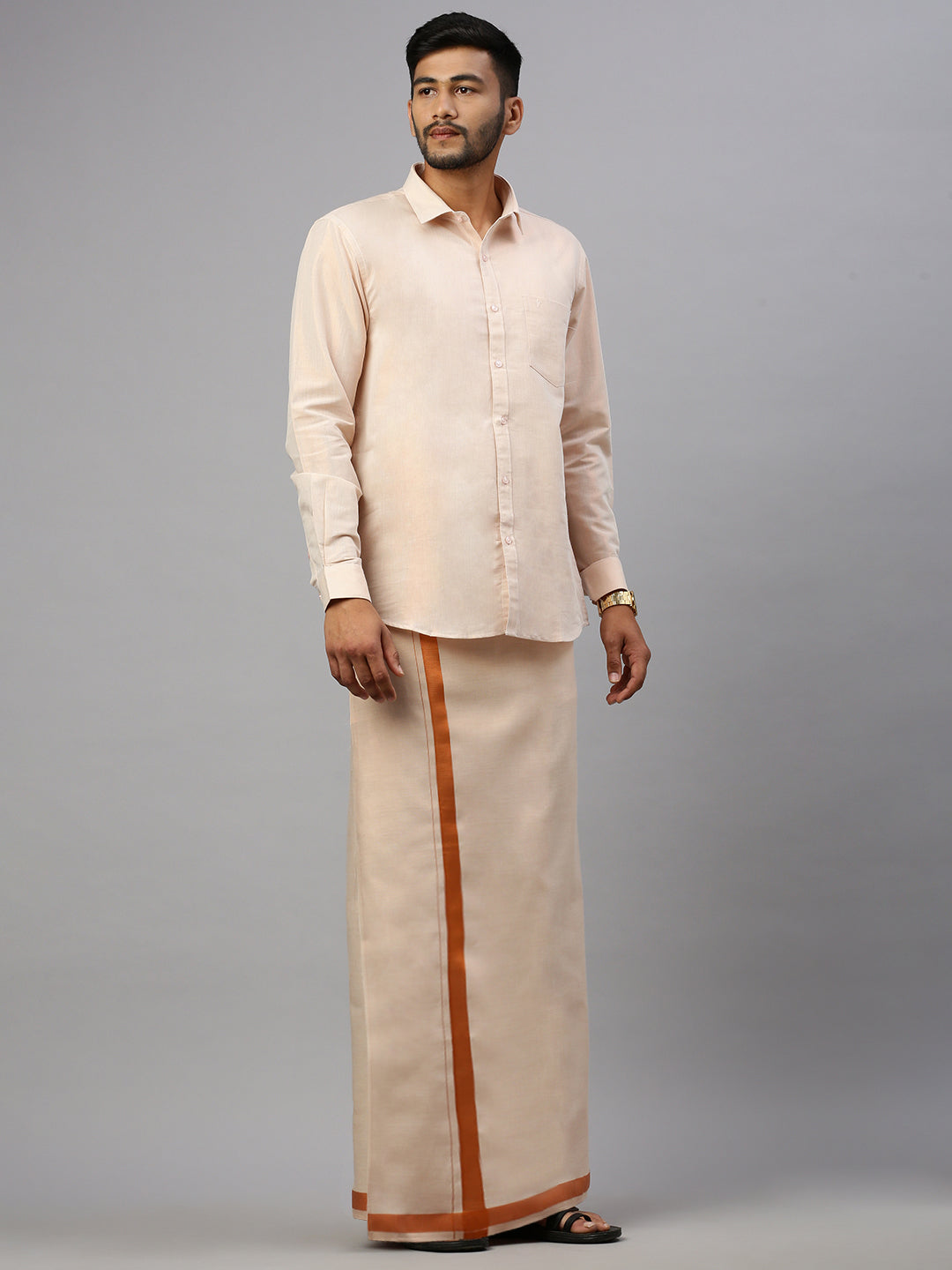 Mens Copper Tissue Full Sleeve Shirt with Matching Readymade Single Dhoti Combo