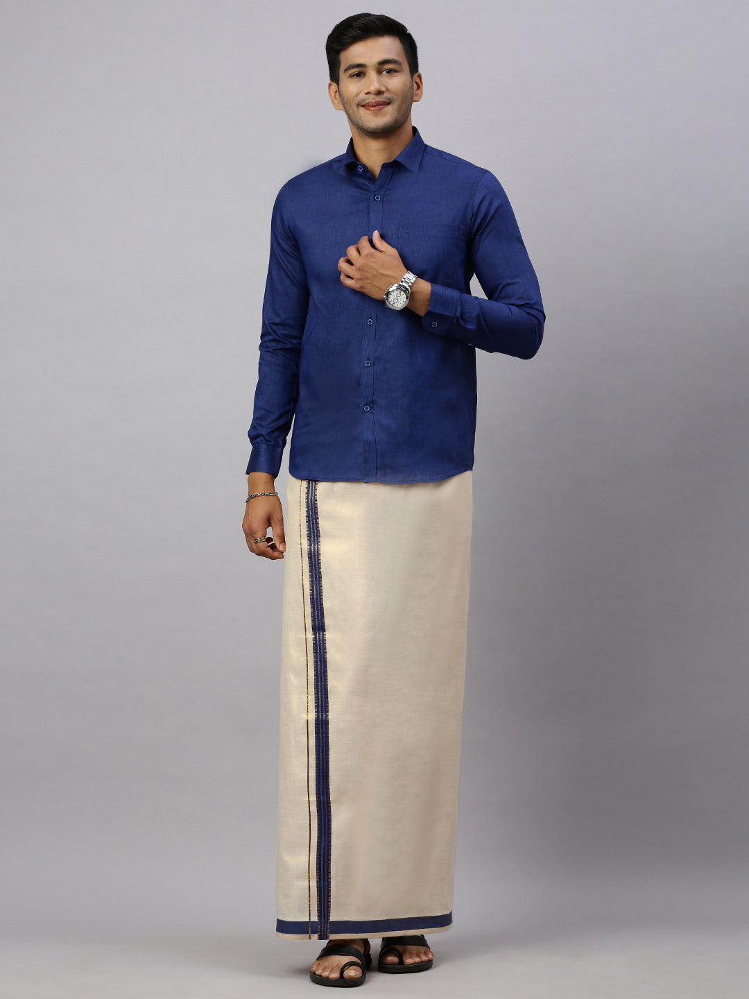 Mens Macho C.Blue Colour Shirt & Matching Border Tissue Dhoti Set CCB