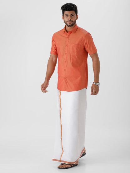 Mens Cotton Copper Colour Half Sleeves Shirt & Double Dhoti with Copper Jari Combo