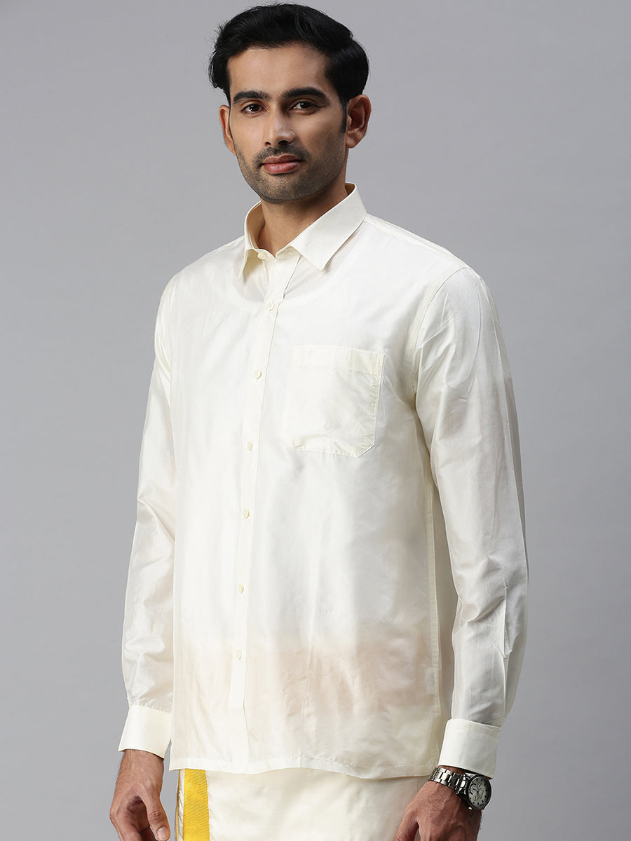 Mens Pure Silk Cream Shirt Full Sleeves Silk Mark